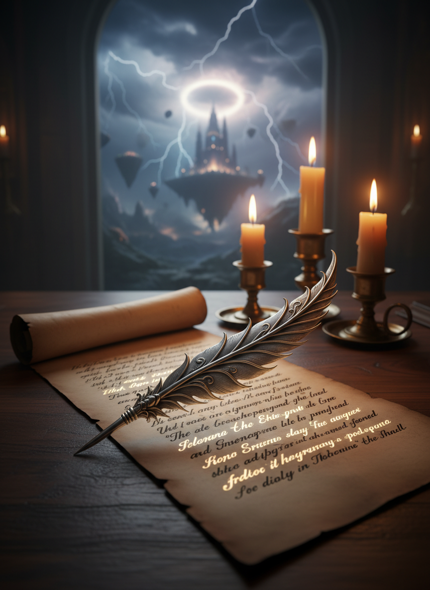 A solitary, ornate silver quill carved in the likeness of a dragon’s wing rests beside an unfurled scroll on a dark walnut writing desk overlooking a storm-swept fantasy landscape through a tall arched window. On the parchment, shimmering lines of prophecy curl in graceful calligraphy, some words glowing faintly as if just written by unseen hands. Beyond the glass, lightning forks over distant floating islands and a far-off citadel crowned by an enormous radiant halo. Warm candlelight from a trio of tall beeswax candles illuminates the desk’s rich textures, contrasting with the cold, electric flashes outside. Composed in a cinematic, over-the-shoulder perspective with shallow depth of field, the mood is intimate, sophisticated, and charged with destiny and legendary love.