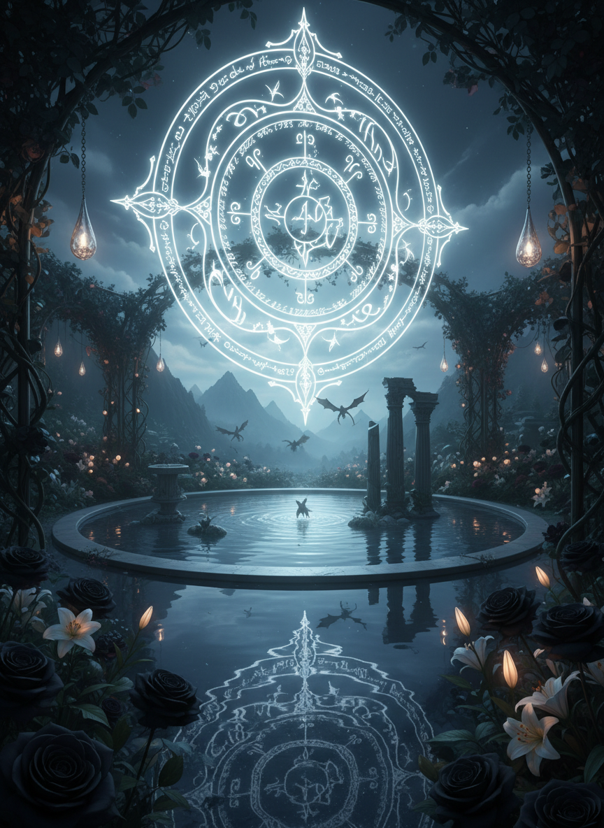 An immense, ethereal angelic sigil formed of floating silver script and delicate geometric lines hovers above a circular reflecting pool in a midnight garden of obsidian roses and pale, glowing lilies. The sigil’s light ripples across the water, revealing faint, shifting visions of distant mountains, dragons in flight, and crumbling temples. Lanterns shaped like crystal teardrops hang from arching, vine-covered trellises, adding a soft secondary glow. The scene is lit primarily by the sigil’s cool, radiant luminescence, with deep, velvety shadows at the garden’s edge. Captured from an eye-level, three-quarter view with a balanced composition and gentle bokeh in the background, the image feels mystical, romantic, and exquisitely refined.