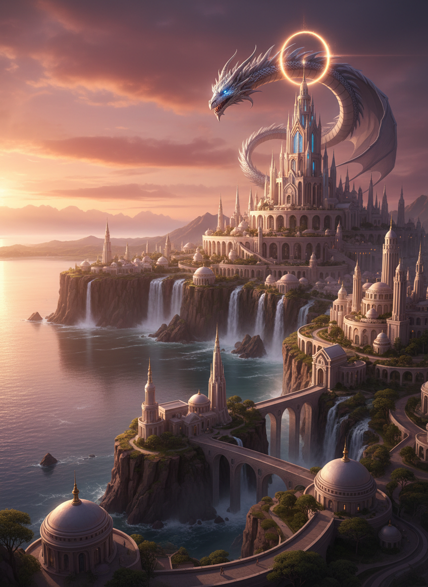 A sweeping, cinematic vista of an epic fantasy city perched along a crescent bay, its ivory spires and crystalline towers rising from terraced cliffs laced with waterfalls. A colossal silver dragon circles above the highest citadel where a radiant, ring-shaped halo of light crowns the skyline like an omen. The scene is lit by a dramatic, rose-gold sunset, casting long shadows and glints of fire on domes, bridges, and glassy water below. Mist rises from the sea, softening the horizon. Composed from a high, wide-angle perspective with meticulous detail and deep focus, the mood is awe-inspiring, prophetic, and sophisticated, evoking the grandeur of legendary worlds described in an epic saga.